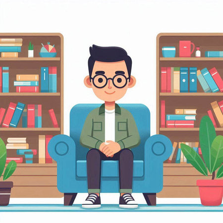 Young man sitting in armchair and thinking. Vector flat cartoon illustrationのイラスト素材