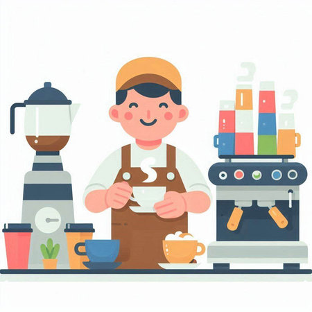 Coffee maker making a cup of coffee. Vector illustration.のイラスト素材