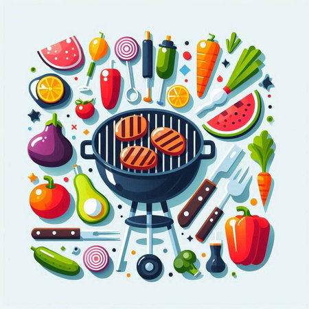 Barbecue grill with sausages and vegetables. Vector illustration.のイラスト素材