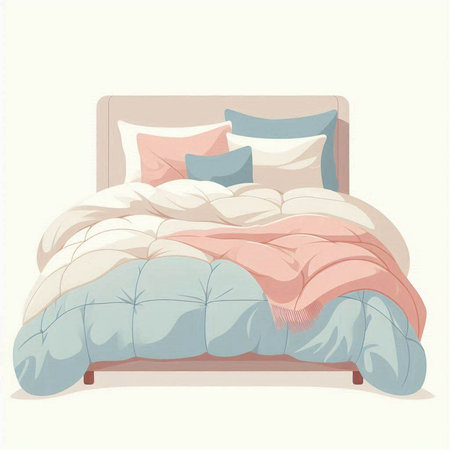 Illustration of double bed with pillows and blanket in pastel colorsのイラスト素材