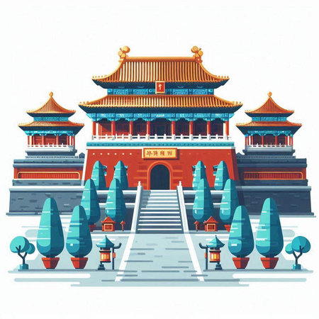 Vector illustration of the famous Forbidden City in Beijing, China. Isolated on white background.のイラスト素材