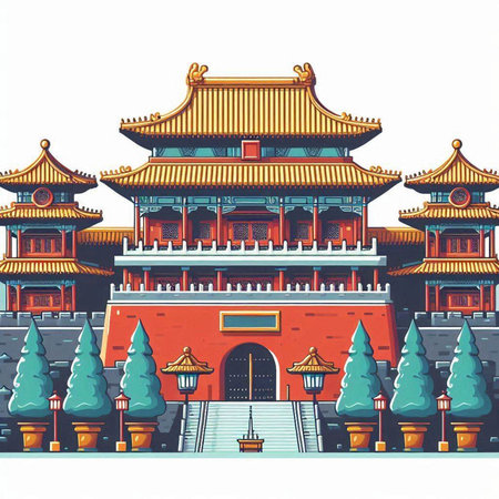 Chinese ancient buildings. Vector illustration in a flat style on a white background.のイラスト素材