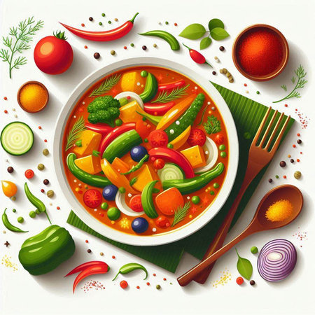 Vegetable soup with paprika, tomato, cucumber, pepper, onion and parsley. Vector illustrationのイラスト素材
