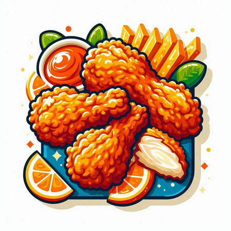 Illustration of fried chicken wings with sauce and slices of orange.のイラスト素材