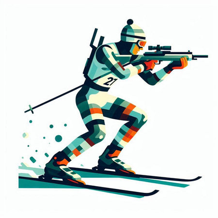 Vector illustration of a skier on skis with a rifle in his handのイラスト素材