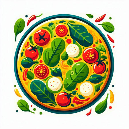 Pizza with mozzarella, tomatoes and spinach. Vector illustrationのイラスト素材