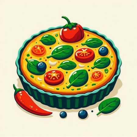 Illustration of a pizza with tomatoes, olives and basil.のイラスト素材
