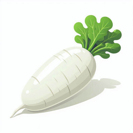 White radish with green leaves on a white background. Vector illustration.のイラスト素材