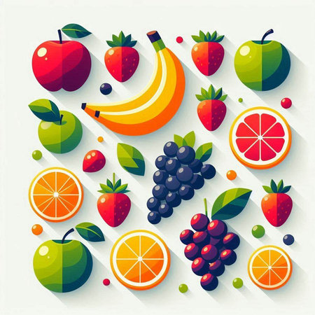 Fruits and berries flat design icons set with long shadow effect.のイラスト素材