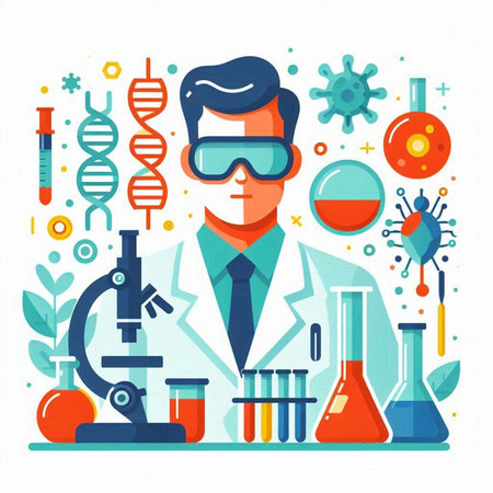 Scientist with equipment and science experiments. Vector illustration in flat styleのイラスト素材