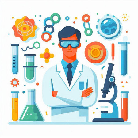 Scientist in the laboratory. Flat style vector illustration on white background.のイラスト素材