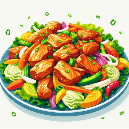 Salad with meat and vegetables. Vector illustration on white background.のイラスト素材