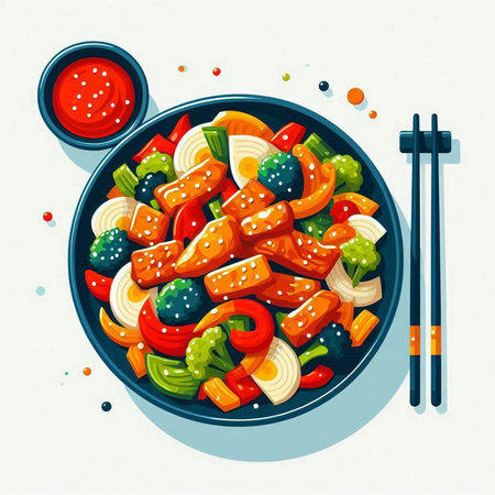 Vegetable salad in a bowl with chopsticks. Vector illustration.のイラスト素材