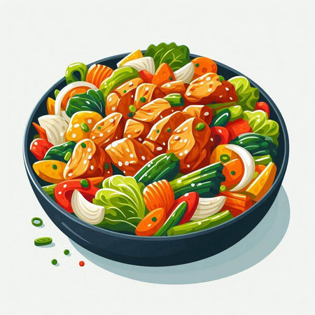 Salad with salmon and vegetables in a bowl. Vector illustration.のイラスト素材