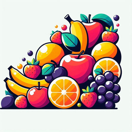 Fruit background with orange, apple, grape, strawberry. Vector illustrationのイラスト素材