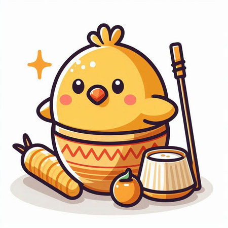 Illustration of Cute Cartoon Chick with Cute Food. Vectorのイラスト素材