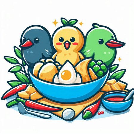 Eggs in a bowl with birds and vegetables, vector illustrationのイラスト素材