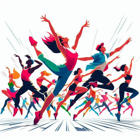 illustration of group of young people dancing in the rain, vector illustrationのイラスト素材