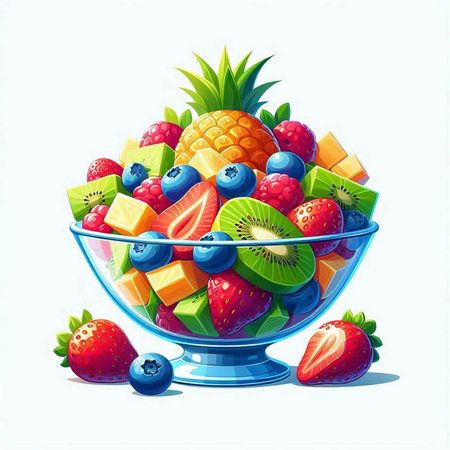 Fruit salad in a glass bowl on a white background. Vector illustration.のイラスト素材