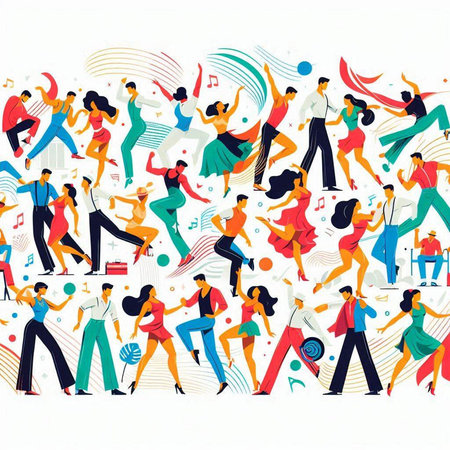 Crowd of dancing people. Flat vector illustration of dancing people.のイラスト素材