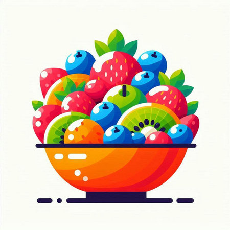 Fruit bowl with strawberries, kiwi, blueberries, raspberries. Vector illustration.のイラスト素材