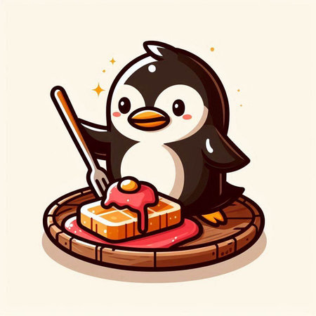 Cute penguin with a piece of cake. Vector illustration.のイラスト素材