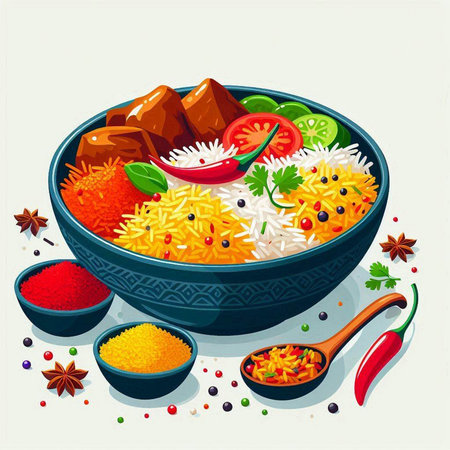 Illustration of a bowl of rice with meat, vegetables and spicesのイラスト素材