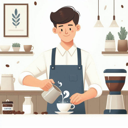 Young man in apron pouring coffee in cup. Vector illustration.のイラスト素材