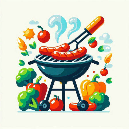 Barbecue grill with sausages and vegetables. Vector illustration.のイラスト素材