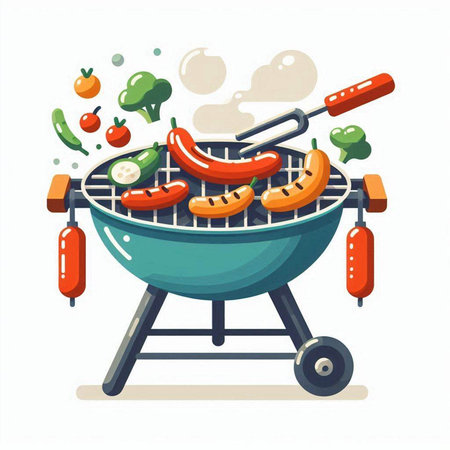 Barbecue grill with vegetables and meat. Vector illustration in cartoon style.のイラスト素材