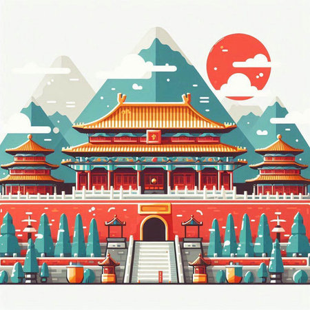 Chinese temple in the mountains. Vector illustration in a flat style.のイラスト素材