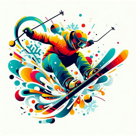 Vector illustration of a snowboarder on a background of colorful elementsのイラスト素材