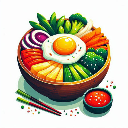 Bowl of Asian food with fried egg and vegetables. Vector illustration.のイラスト素材