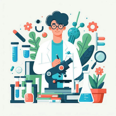 Scientist with microscope and laboratory equipment. Vector illustration in flat styleのイラスト素材
