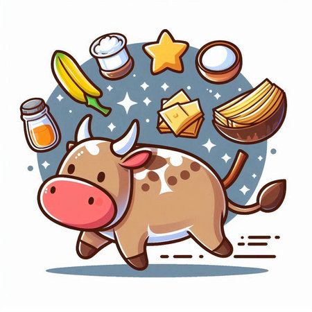 Illustration of a Cute Cartoon Cow Running with Cheese and Saltのイラスト素材
