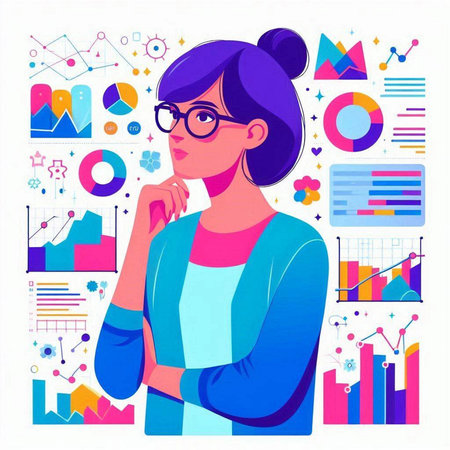 Vector illustration of young businesswoman in glasses on white background with charts and graphsのイラスト素材