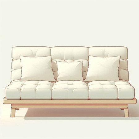 Illustration of a white leather sofa with pillows on a white backgroundのイラスト素材