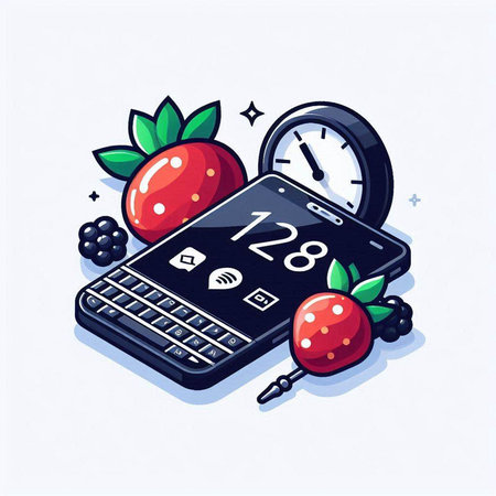 Illustration of a smartphone with a clock and fruits on a white backgroundのイラスト素材