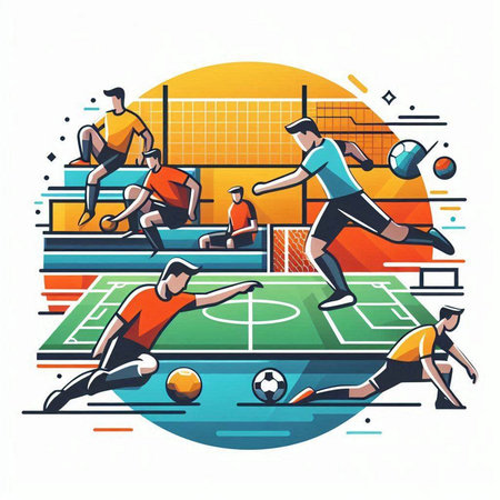 Soccer players on the field. Vector illustration in flat style.のイラスト素材
