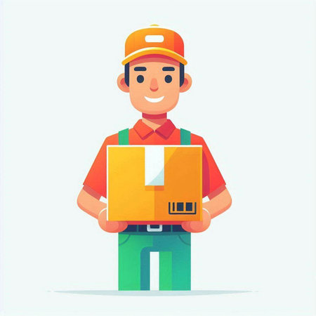 Smiling delivery man in uniform holding cardboard box. Delivery concept. Vector illustration.のイラスト素材