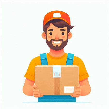 Delivery man in uniform holding cardboard box. Vector illustration in cartoon styleのイラスト素材