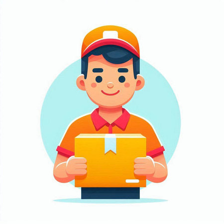 Courier holding a parcel. Delivery service. Vector illustration in cartoon styleのイラスト素材