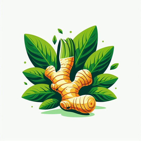 Ginger root with green leaves. Vector illustration isolated on white background.のイラスト素材
