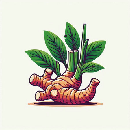 ginger root with leaves vector illustration. Hand drawn vector illustration.のイラスト素材