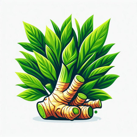 Ginger root with leaves on a white background. Vector illustration.のイラスト素材
