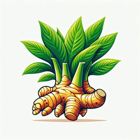 Ginger root with green leaves isolated on white background. Vector illustration.のイラスト素材