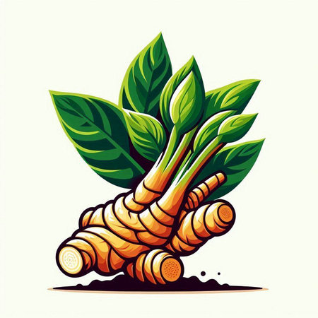 Ginger root with green leaves isolated on white background. Vector illustration.のイラスト素材