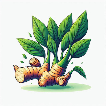 Ginger root and leaves isolated on white background. Vector illustration.のイラスト素材