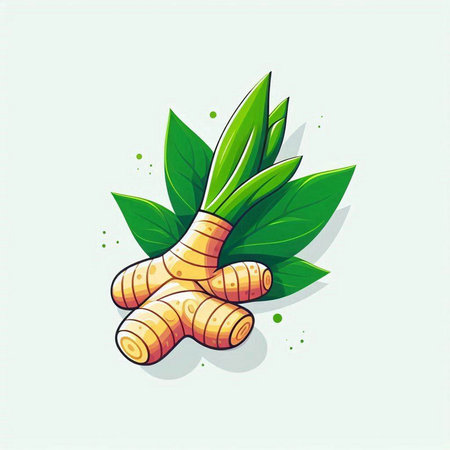 Ginger root with green leaves on light background. Vector illustration.のイラスト素材