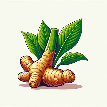 Fresh ginger root with leaves isolated on white background. Vector illustration.のイラスト素材